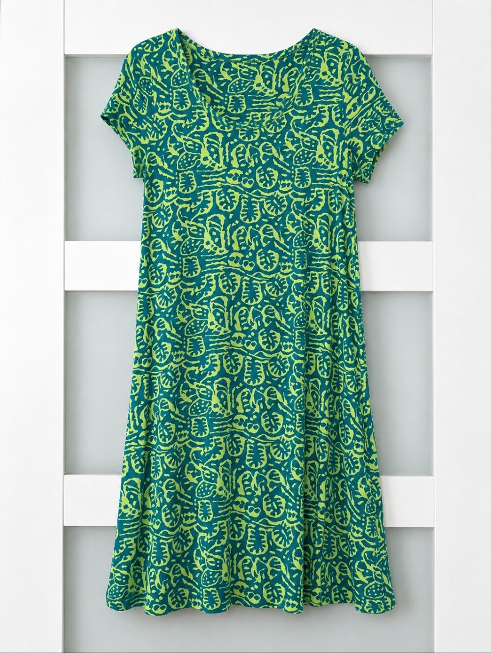 Soft Surroundings Green Blue Print Swing Dress Medium